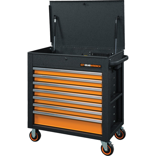 GSX Series Rolling Tool Cart with Tilt Top, 7 Drawers, 35" L x 20" W x 39" H, Black/Orange Pronet Distribution