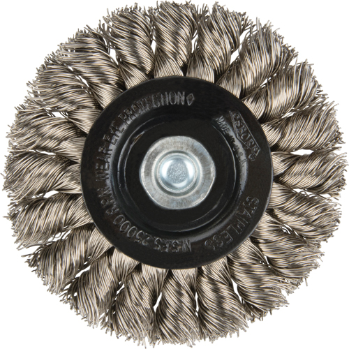 Brosses rotatives &agrave; fils nou&eacute;s - Brosse rotative &agrave; fils nou&eacute;s a/queue 1/4", Fils nou&eacute;s standards, Dia. 3", Fils 0,014", Acier inoxydable Pronet Distribution