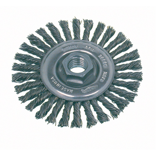 High Speed Small Grinder Stringer Bead Knot Wire Wheel Brush, 4" Dia., 0.02" Fill, 5/8"-11 Arbor, Steel Pronet Distribution
