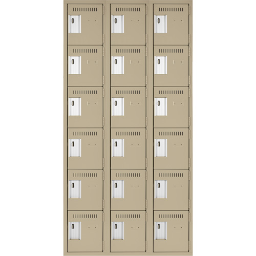Clean Line Lockerette, 6 -tier, Bank of 3, 36" x 18" x 72", Steel, Beige, Rivet (Assembled) Pronet Distribution