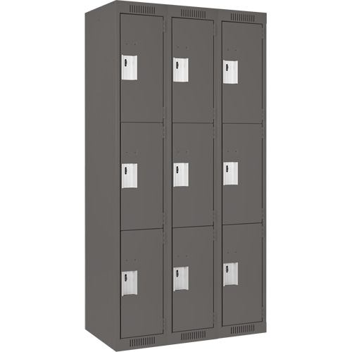 Clean Line Lockers, 3 -tier, Bank of 3, 36" x 18" x 72", Steel, Charcoal, Rivet (Assembled) Pronet Distribution
