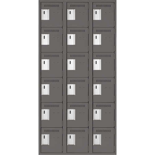 Clean Line Lockerette, 6 -tier, Bank of 3, 36" x 18" x 72", Steel, Charcoal, Rivet (Assembled) Pronet Distribution