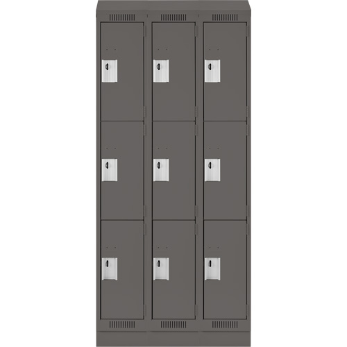 Clean Line Lockers, 3 -tier, Bank of 3, 36" x 18" x 82", Steel, Charcoal, Rivet (Assembled) Pronet Distribution