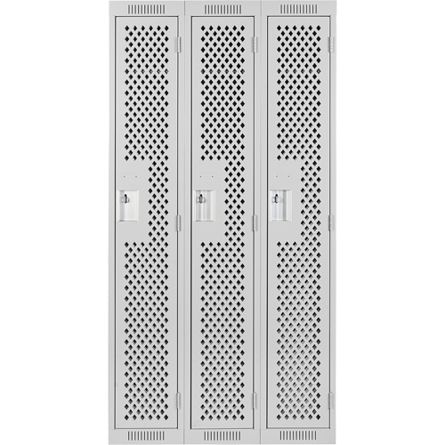 Clean Line Lockers, Bank of 3, 36" x 15" x 72", Steel, Grey, Rivet (Assembled), Perforated Pronet Distribution