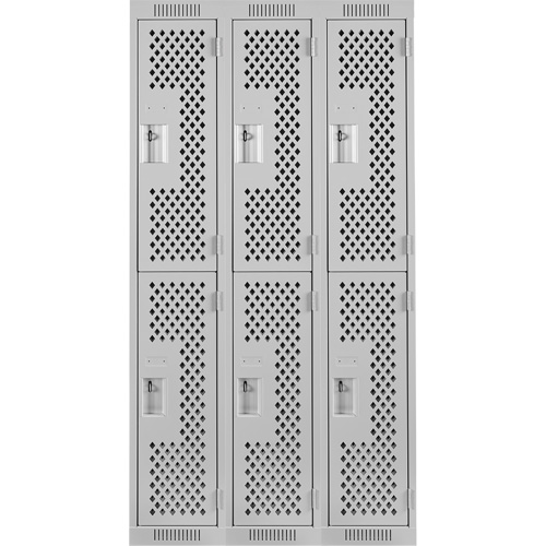 Clean Line Lockers, 2 -tier, Bank of 3, 36" x 15" x 72", Steel, Grey, Rivet (Assembled), Perforated Pronet Distribution