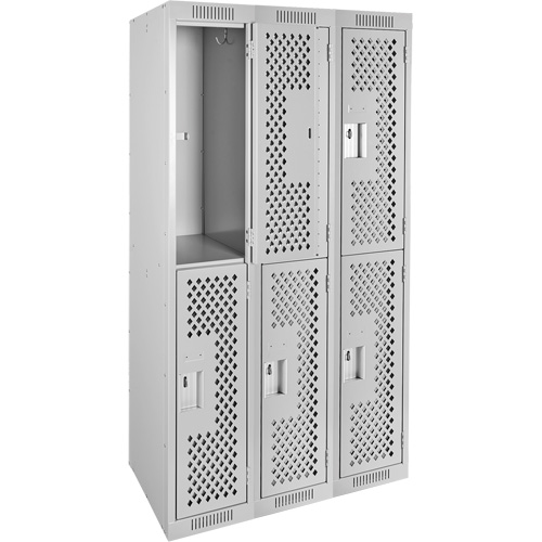 Clean Line Lockers, 2 -tier, Bank of 3, 36" x 15" x 72", Steel, Grey, Rivet (Assembled), Perforated Pronet Distribution