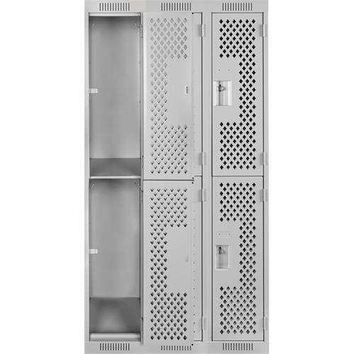 Clean Line Lockers, 2 -tier, Bank of 3, 36" x 15" x 72", Steel, Grey, Rivet (Assembled), Perforated Pronet Distribution