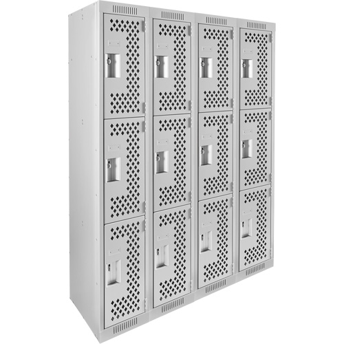 Clean Line Lockers, 3 -tier, Bank of 4, 48" x 12" x 72", Steel, Grey, Rivet (Assembled), Perforated Pronet Distribution