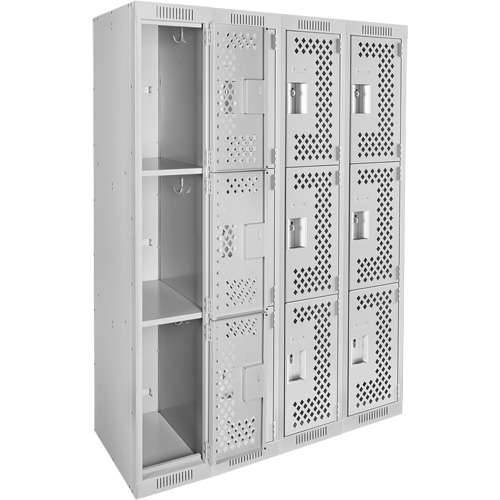Clean Line Lockers, 3 -tier, Bank of 4, 48" x 12" x 72", Steel, Grey, Rivet (Assembled), Perforated Pronet Distribution