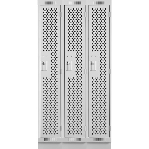 Clean Line Lockers, Bank of 3, 36" x 12" x 76", Steel, Grey, Rivet (Assembled), Perforated Pronet Distribution