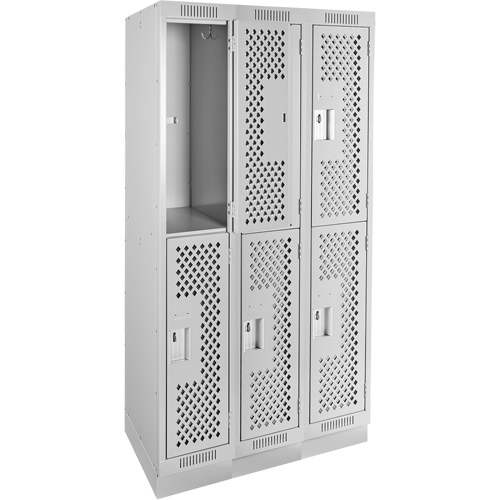 Clean Line Lockers, 2 -tier, Bank of 3, 36" x 15" x 76", Steel, Grey, Rivet (Assembled), Perforated Pronet Distribution