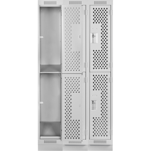 Clean Line Lockers, 2 -tier, Bank of 3, 36" x 15" x 76", Steel, Grey, Rivet (Assembled), Perforated Pronet Distribution