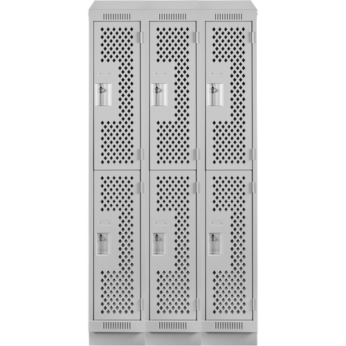 Clean Line Lockers, 2 -tier, Bank of 3, 36" x 18" x 82", Steel, Grey, Rivet (Assembled), Perforated Pronet Distribution