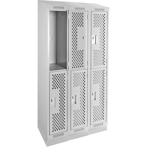 Clean Line Lockers, 2 -tier, Bank of 3, 36" x 18" x 82", Steel, Grey, Rivet (Assembled), Perforated Pronet Distribution