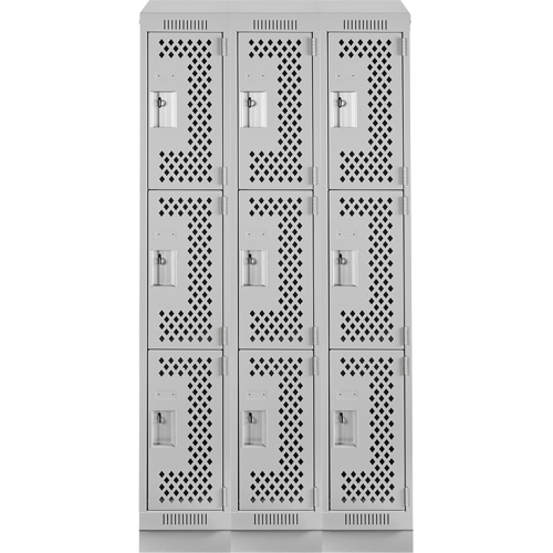 Clean Line Lockers, 3 -tier, Bank of 3, 36" x 12" x 82", Steel, Grey, Rivet (Assembled), Perforated Pronet Distribution