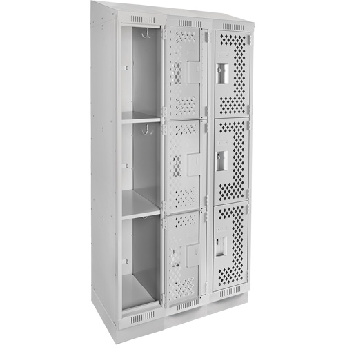 Clean Line Lockers, 3 -tier, Bank of 3, 36" x 12" x 82", Steel, Grey, Rivet (Assembled), Perforated Pronet Distribution