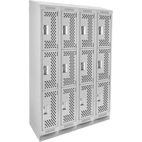 Clean Line Lockers, 3 -tier, Bank of 4, 48" x 12" x 82", Steel, Grey, Rivet (Assembled), Perforated Pronet Distribution