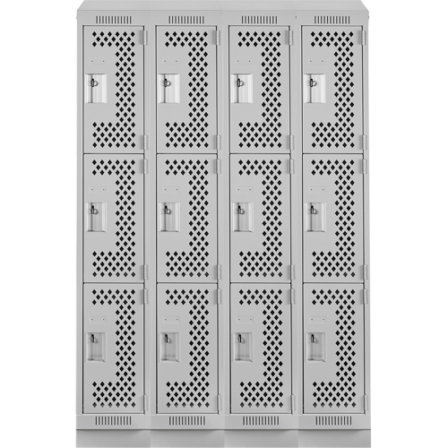 Clean Line Lockers, 3 -tier, Bank of 4, 48" x 12" x 82", Steel, Grey, Rivet (Assembled), Perforated Pronet Distribution