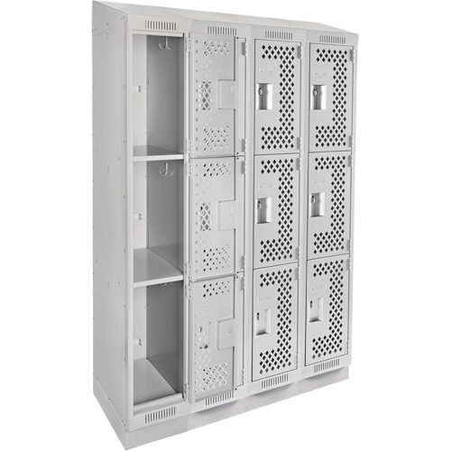 Clean Line Lockers, 3 -tier, Bank of 4, 48" x 12" x 82", Steel, Grey, Rivet (Assembled), Perforated Pronet Distribution