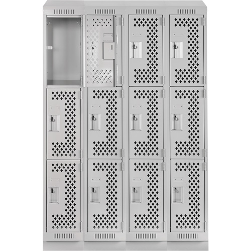Clean Line Lockers, 3 -tier, Bank of 4, 48" x 12" x 82", Steel, Grey, Rivet (Assembled), Perforated Pronet Distribution