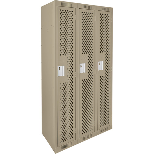 Clean Line Lockers, Bank of 3, 36" x 15" x 72", Steel, Beige, Rivet (Assembled), Perforated Pronet Distribution