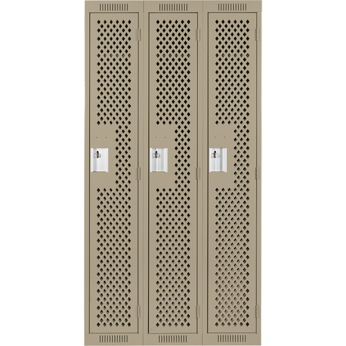 Clean Line Lockers, Bank of 3, 36" x 15" x 72", Steel, Beige, Rivet (Assembled), Perforated Pronet Distribution