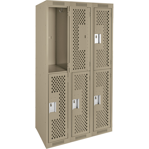 Casiers Clean Line, 2 niveaux, Bloc de 3, 36" x 15" x 72", Acier, Beige, Rivet (assembl&eacute;), Perfor&eacute; Pronet Distribution