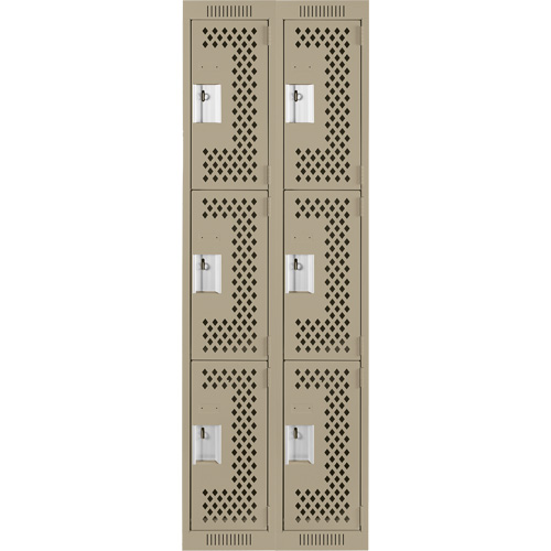 Clean Line Lockers, 3 -tier, Bank of 2, 24" x 12" x 72", Steel, Beige, Rivet (Assembled), Perforated Pronet Distribution