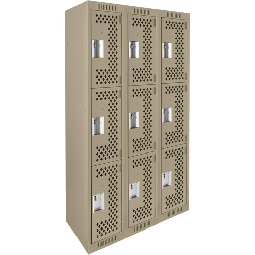 Clean Line Lockers, 3 -tier, Bank of 3, 36" x 12" x 72", Steel, Beige, Rivet (Assembled), Perforated Pronet Distribution