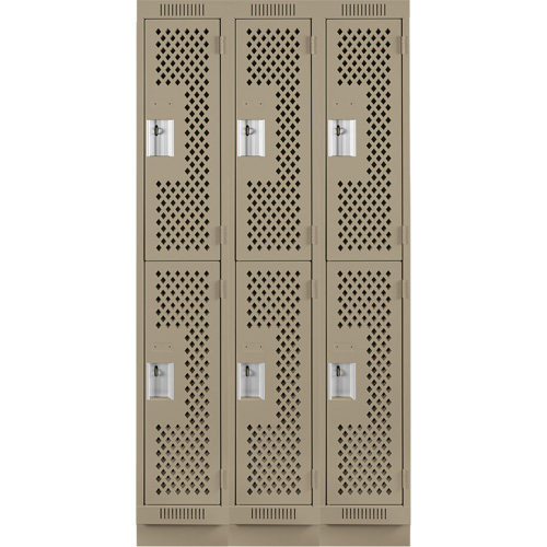 Clean Line Lockers, 2 -tier, Bank of 3, 36" x 15" x 76", Steel, Beige, Rivet (Assembled), Perforated Pronet Distribution
