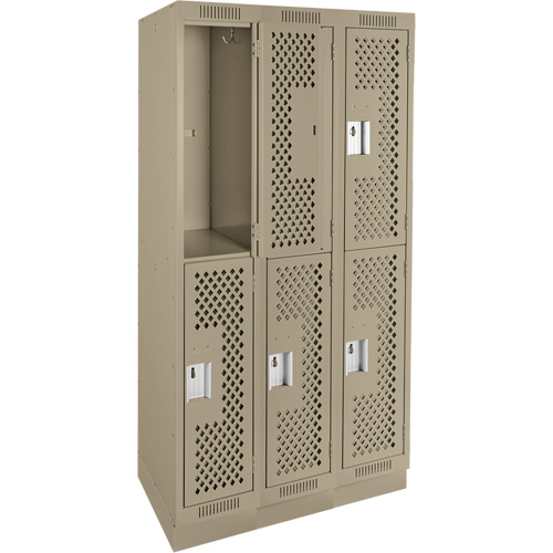 Clean Line Lockers, 2 -tier, Bank of 3, 36" x 15" x 76", Steel, Beige, Rivet (Assembled), Perforated Pronet Distribution