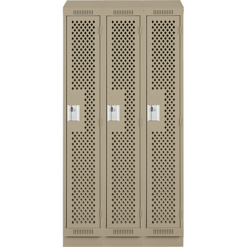 Clean Line Lockers, Bank of 3, 36" x 18" x 82", Steel, Beige, Rivet (Assembled), Perforated Pronet Distribution