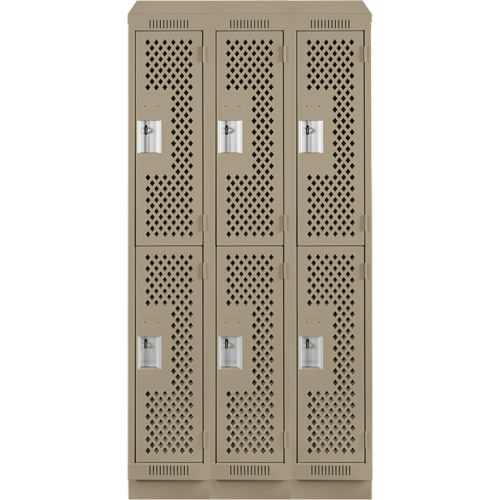 Clean Line Lockers, 2 -tier, Bank of 3, 36" x 18" x 82", Steel, Beige, Rivet (Assembled), Perforated Pronet Distribution