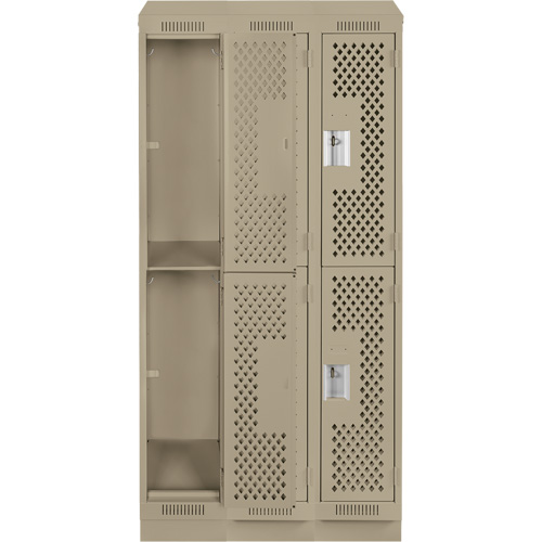 Clean Line Lockers, 2 -tier, Bank of 3, 36" x 18" x 82", Steel, Beige, Rivet (Assembled), Perforated Pronet Distribution