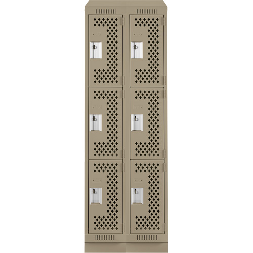 Clean Line Lockers, 3 -tier, Bank of 2, 24" x 12" x 82", Steel, Beige, Rivet (Assembled), Perforated Pronet Distribution