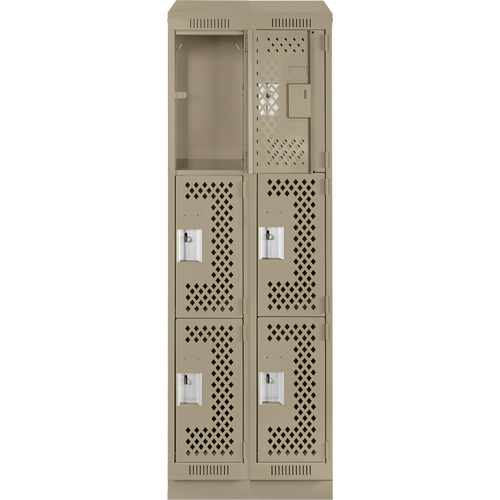 Clean Line Lockers, 3 -tier, Bank of 2, 24" x 12" x 82", Steel, Beige, Rivet (Assembled), Perforated Pronet Distribution