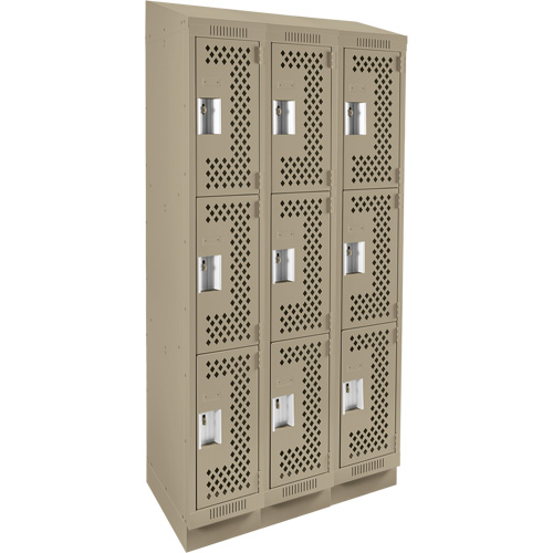 Clean Line Lockers, 3 -tier, Bank of 3, 36" x 12" x 82", Steel, Beige, Rivet (Assembled), Perforated Pronet Distribution