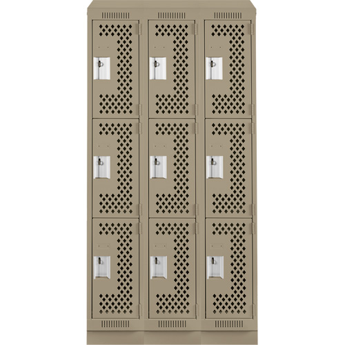 Clean Line Lockers, 3 -tier, Bank of 3, 36" x 12" x 82", Steel, Beige, Rivet (Assembled), Perforated Pronet Distribution