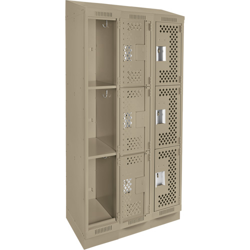 Clean Line Lockers, 3 -tier, Bank of 3, 36" x 12" x 82", Steel, Beige, Rivet (Assembled), Perforated Pronet Distribution