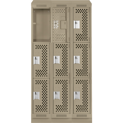 Clean Line Lockers, 3 -tier, Bank of 3, 36" x 12" x 82", Steel, Beige, Rivet (Assembled), Perforated Pronet Distribution