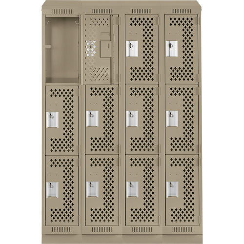 Clean Line Lockers, 3 -tier, Bank of 4, 48" x 12" x 82", Steel, Beige, Rivet (Assembled), Perforated Pronet Distribution