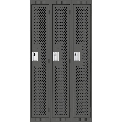 Clean Line Lockers, Bank of 3, 36" x 15" x 72", Steel, Charcoal, Rivet (Assembled), Perforated Pronet Distribution