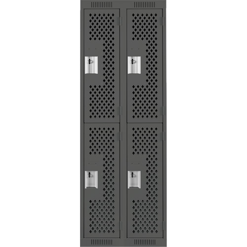 Clean Line Lockers, 2 -tier, Bank of 2, 24" x 15" x 72", Steel, Charcoal, Rivet (Assembled), Perforated Pronet Distribution