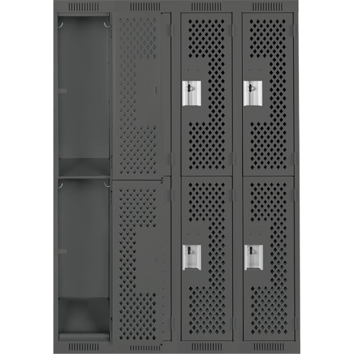 Clean Line Lockers, 2 -tier, Bank of 4, 48" x 15" x 72", Steel, Charcoal, Rivet (Assembled), Perforated Pronet Distribution