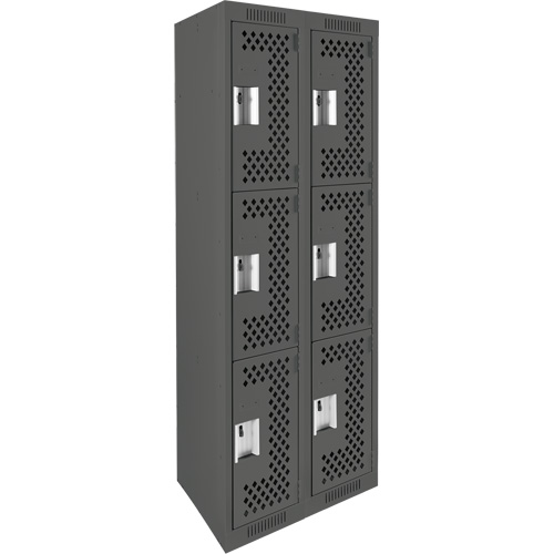 Clean Line Lockers, 3 -tier, Bank of 2, 24" x 12" x 72", Steel, Charcoal, Rivet (Assembled), Perforated Pronet Distribution