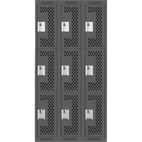 Clean Line Lockers, 3 -tier, Bank of 3, 36" x 12" x 72", Steel, Charcoal, Rivet (Assembled), Perforated Pronet Distribution