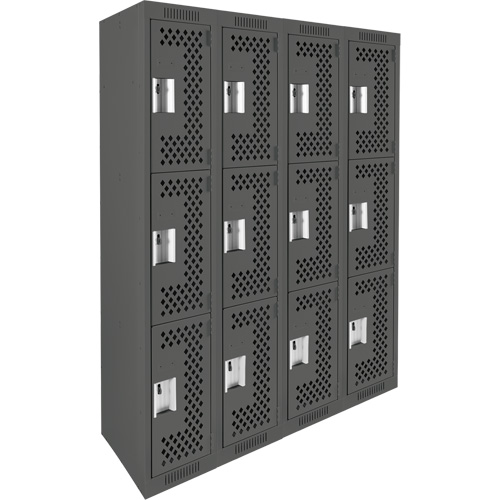 Clean Line Lockers, 3 -tier, Bank of 4, 48" x 12" x 72", Steel, Charcoal, Rivet (Assembled), Perforated Pronet Distribution