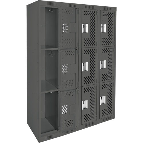 Clean Line Lockers, 3 -tier, Bank of 4, 48" x 12" x 72", Steel, Charcoal, Rivet (Assembled), Perforated Pronet Distribution