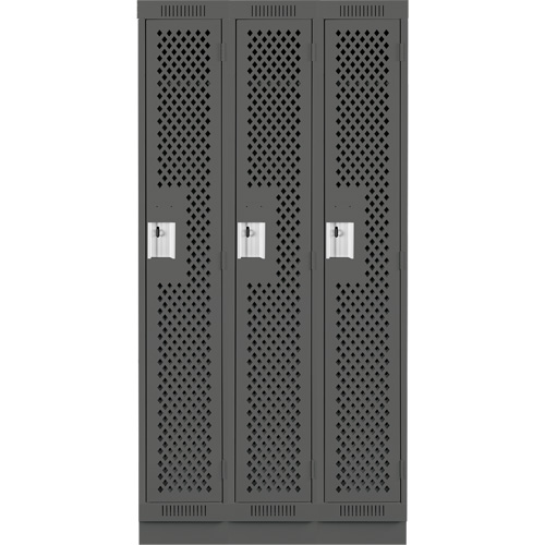 Clean Line Lockers, Bank of 3, 36" x 12" x 76", Steel, Charcoal, Rivet (Assembled), Perforated Pronet Distribution