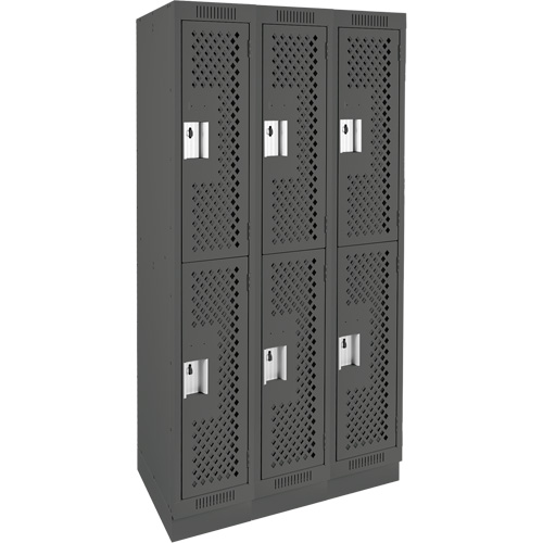 Clean Line Lockers, 2 -tier, Bank of 3, 36" x 15" x 76", Steel, Charcoal, Rivet (Assembled), Perforated Pronet Distribution